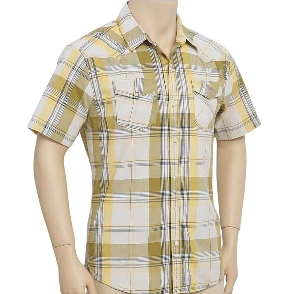 East Hampton Clothing Plaid Western Cowboy Rodeo Pearl Snap Shirt Mens XL Yellow